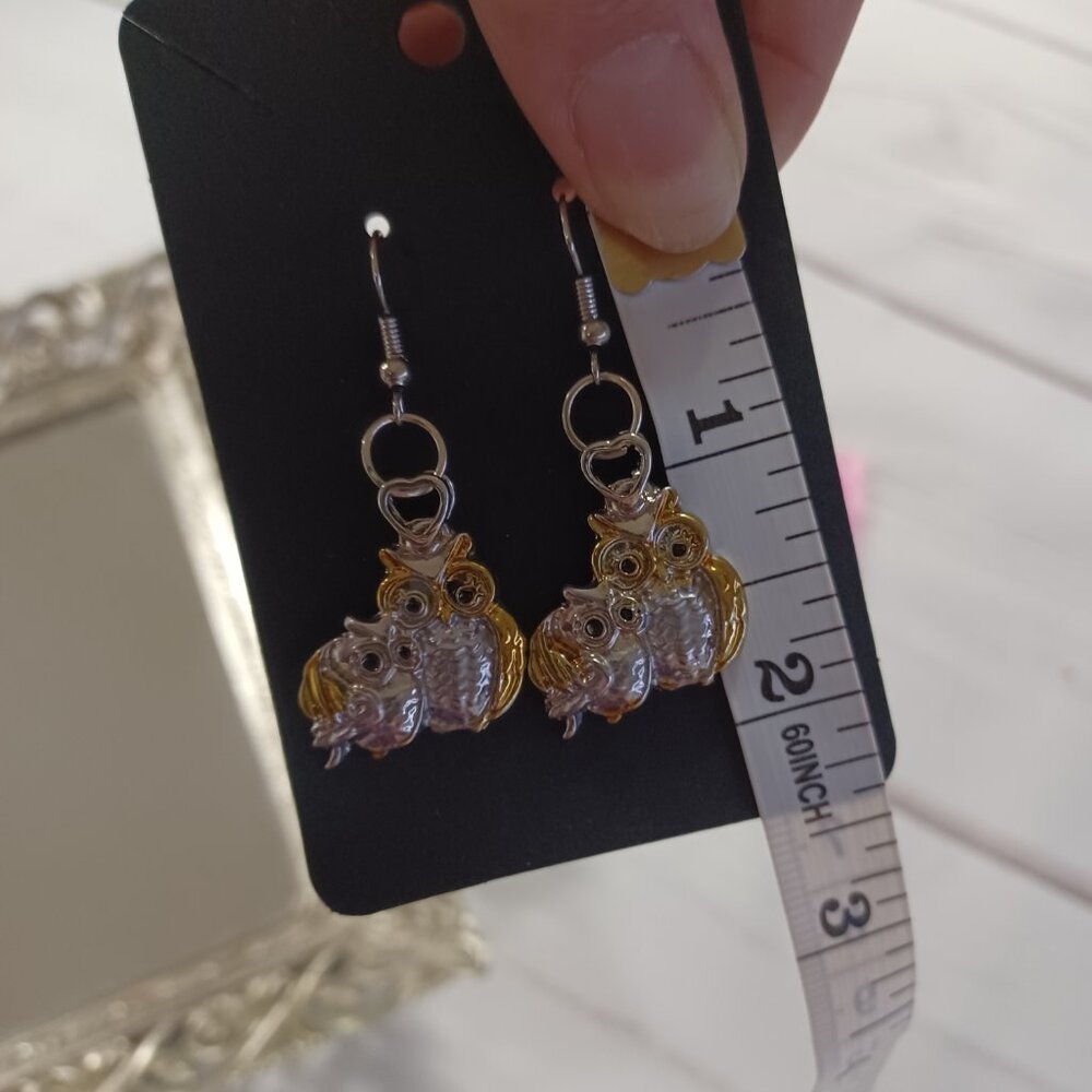 MOTHER DAUGHTER OWLS MOM AND BABY Two Toned Silver Gold Metal Dangle Earrings - Picture 4 of 6